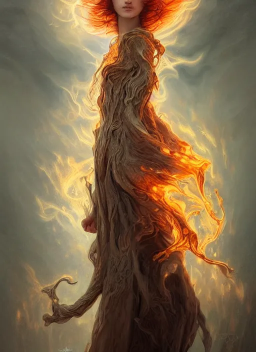 Image similar to creature of the fire!! portrait of a elemental sprite warm murky light, wind blown hair! fantasy esoteric, closeup, d & d, fantasy, intricate, elegant, highly detailed, digital painting, artstation, concept art, matte, sharp focus, illustration, art by artgerm and tom bagshaw and greg rutkowski and alphonse mucha