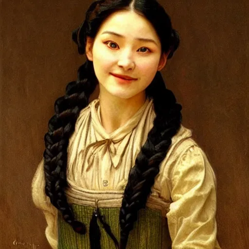 Prompt: a ((sadly)) (((smiling)))) black haired, young hungarian servantmaid from the 19th century who looks very similar to (((Lee Young Ae))) with a two french braids, detailed, soft focus, realistic oil painting by Csók István, Munkácsy, John Everett Millais and da Vinci