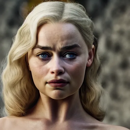 Prompt: a woman who is a genetic combination of emilia clarke margot robbie laura bailey pokimane, medium shot, detailed eyes,