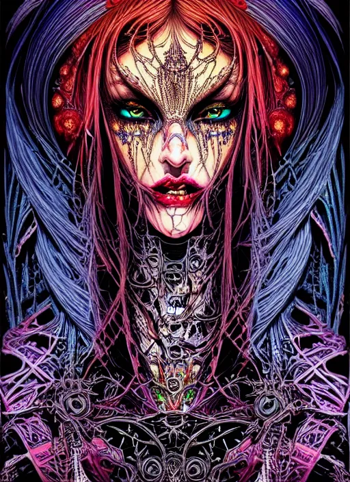 Prompt: detailed image of a creepy women sorceress by Philippe Druillet, rich deep colors. masterpiece . intricate artwork, very coherent symmetrical artwork, cinematic, hyper realism, high detail, octane render, unreal engine, 8k, Vibrant colors, Smooth gradients, High contrast, depth of field. character drawing, clean ink detailed line drawing, intricate detail, extremely detailed.