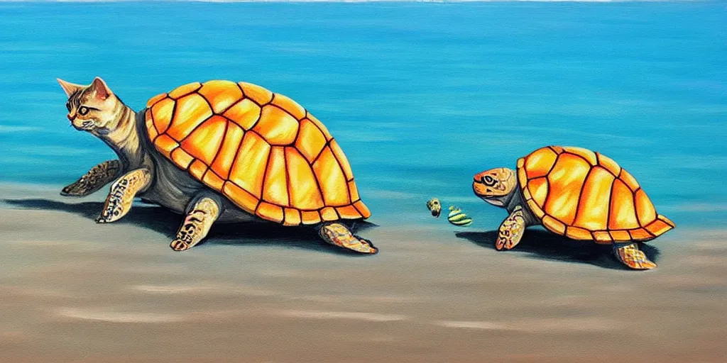 Image similar to painting of a cat on the beach playing with a turtle in the ocean