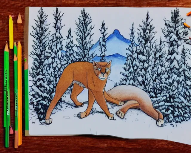 Prompt: unfinished colouring book showing 'a cougar sleeping in the middle of snowy pine tree' laying on coffee table, zoomed out shot, HD, iphone capture