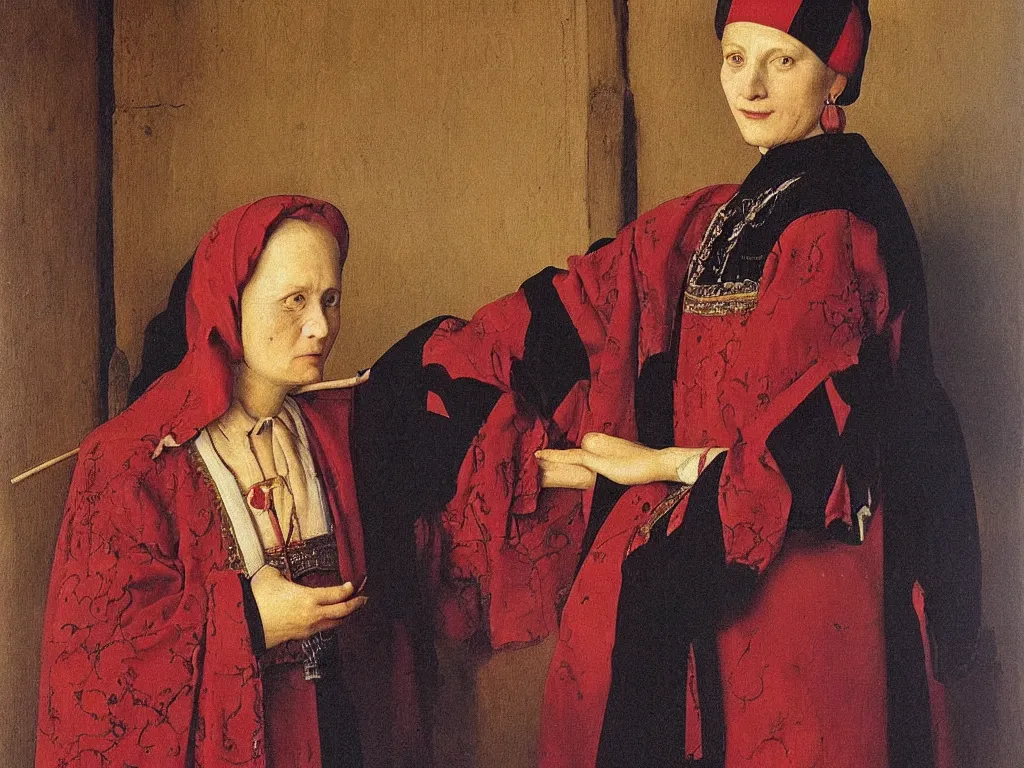 Image similar to portrait of a woman from a village in romania in traditional costume. painting by jan van eyck, georges de la tour