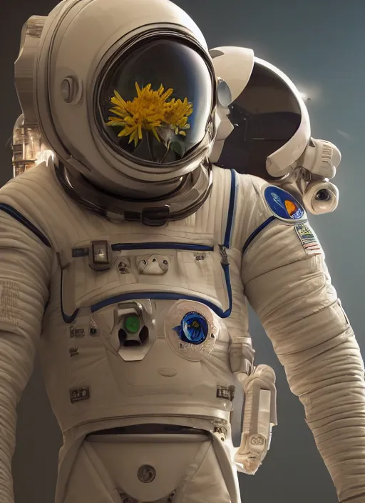 Prompt: a man in a space suit with a flower in his hand, a computer rendering by Mike Winkelmann, trending on cgsociety, retrofuturism, uhd image, rendered in cinema4d, hard surface modeling,