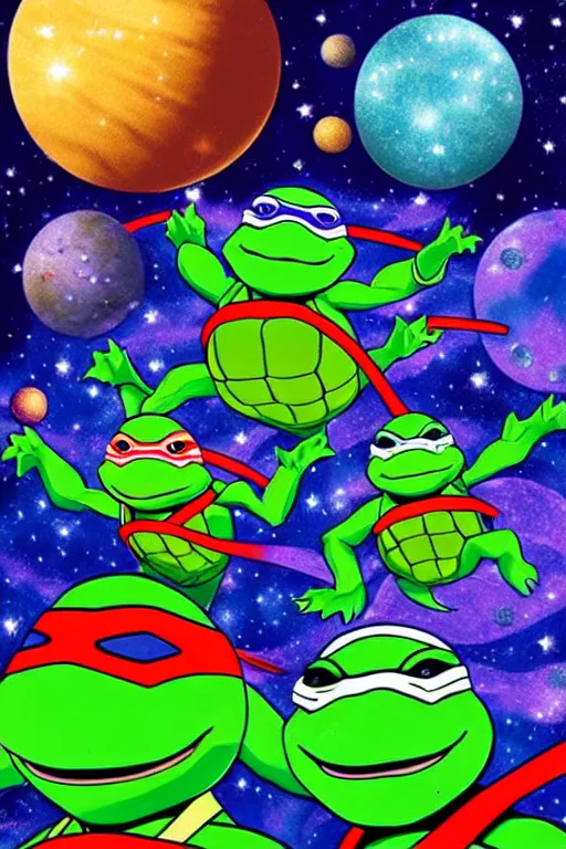 Image similar to the ninja turtles floating in deep space with a beautiful galaxy behind them