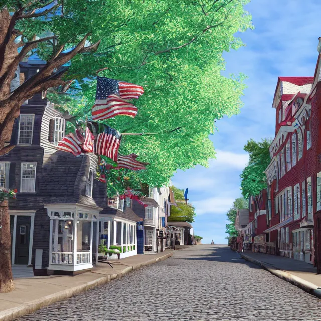 Prompt: newburyport massachusetts colonial city street over the ocean, ocean cliff view, many lights in shops on street, maple trees along street, chimneys on buildings, cobblestone street, thomas kinkade, light cinematic, otherworldly, volumetric, realistic, cinematic lighting, ray tracing, unreal engine 5, octane render, hyper realistic, photo, 8 k