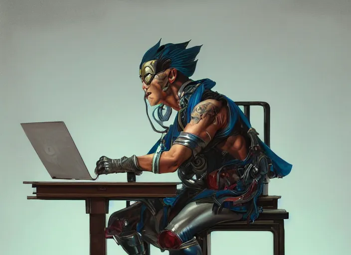 Image similar to an insanely detailed painting of an asian man wearing a homemade superhero costume, sitting at a desk, staring seriously at the computer and typing, in the style of peter mohrbacher, james jean, dramatic lighting and composition, surreal background, octane render, pixar, trending on artstation, concept art, comic book, view from behind, 8 k