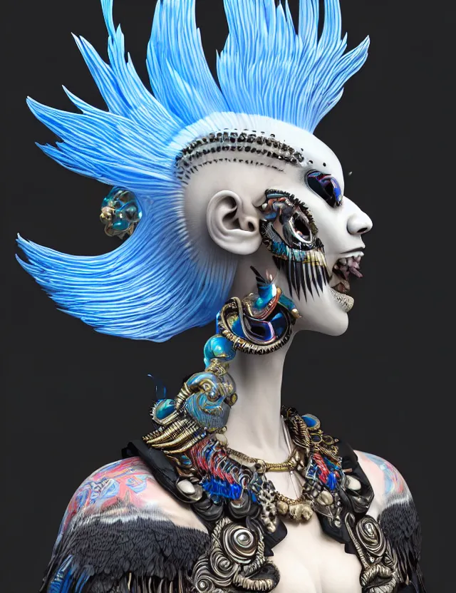 Image similar to 3 d goddess close - up profile simple portrait punk with mohawk with ram skull. beautiful intricately detailed japanese crow kitsune mask and clasical japanese kimono. betta fish, jellyfish phoenix, bio luminescent, plasma, ice, water, wind, creature, artwork by tooth wu and wlop and beeple and greg rutkowski