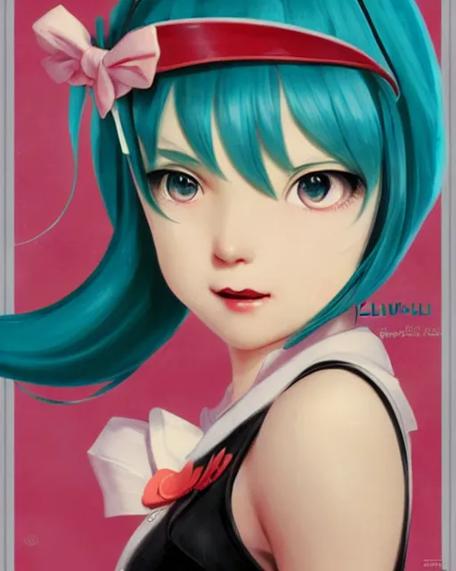 Prompt: Hatsune Miku post card by Gil Elvgren and Daniela Uhlig