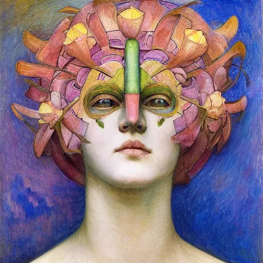 Image similar to the android in her flower mask, by Annie Swynnerton and Diego Rivera, symbolist, dramatic lighting, elaborate geometric ornament, Art Brut ,god rays, soft cool colors,smooth, sharp focus, extremely detailed, Adolf Wölfli