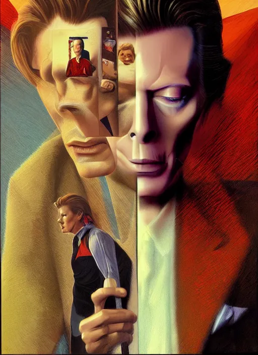 Image similar to twin peaks poster art, portrait of david bowie split by his dark side, by michael whelan, rossetti bouguereau, artgerm, retro, nostalgic, old fashioned