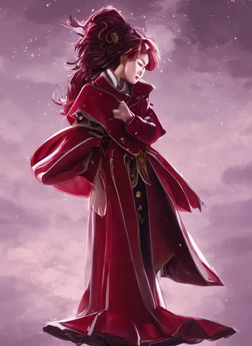 Image similar to a highly detailed illustration of beautiful long dark red haired japanese woman wearing wine red epaulette uniform and coat cape, dramatic floating strings pose, intricate, elegant, highly detailed, centered, digital painting, artstation, concept art, smooth, sharp focus, league of legends concept art, wlop