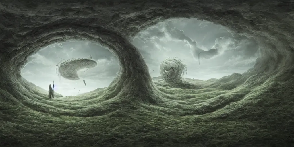 Prompt: photorealistic, the circular hollow earth fantastical landscape with the dreaming god in the middle of it , by Anton Semenov, trending on artstation