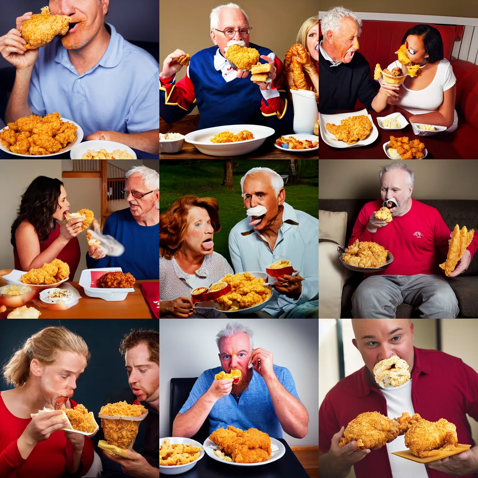 Prompt: captain sanders eating kfc in front of his wife who's a chicken, photography, high resolution