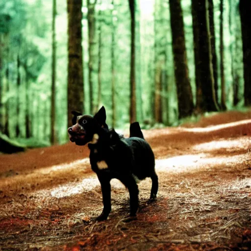 Image similar to dog looking at camera in les vosges forest at night, far away from camera, 70s photo, out of focus, motion blur, cctv footage