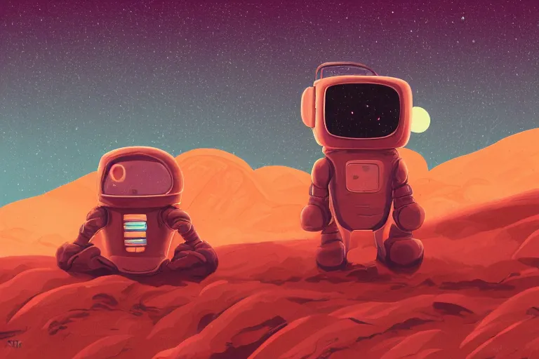 Image similar to a cozy robot laying on mars in the style of flooko, acrylic, art, detailed, moonlight, bokeh, synthwave, phychedelic, glitch, neon, retro, galaxy, glow, ambient lighting, cinematic lighting,