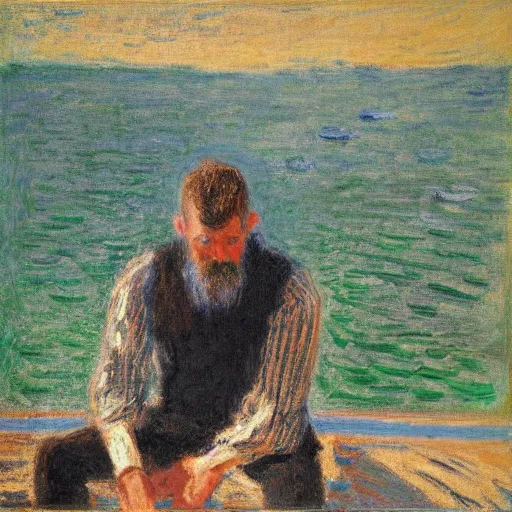 Prompt: an art director pondering his future, in despair, in the style of monet