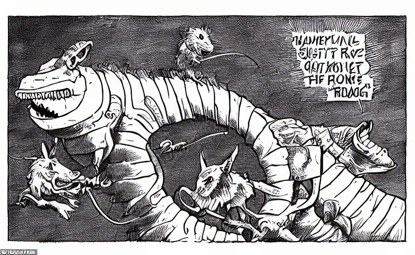 Prompt: incredible comic panel showing a desert mouse complete the ritual of manhood by capturing and riding a sandworm of the deep desert