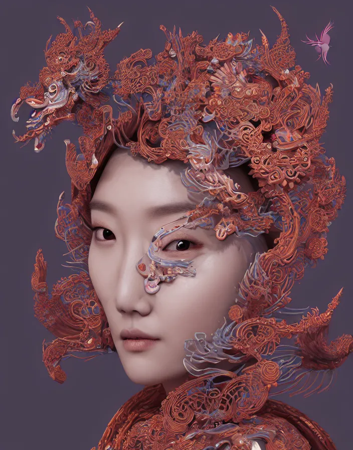 Image similar to 3 d goddess medium shot profile portrait. beautiful intricate highly detailed korean gumiho mask and traditional korean hanbok. stingray, magpie, stingray, magpie, bioluminescent, plasma, lava, ice, water, wind, creature, fog, artwork by tooth wu and wlop and beeple and greg rutkowski, 8 k trending on artstation,