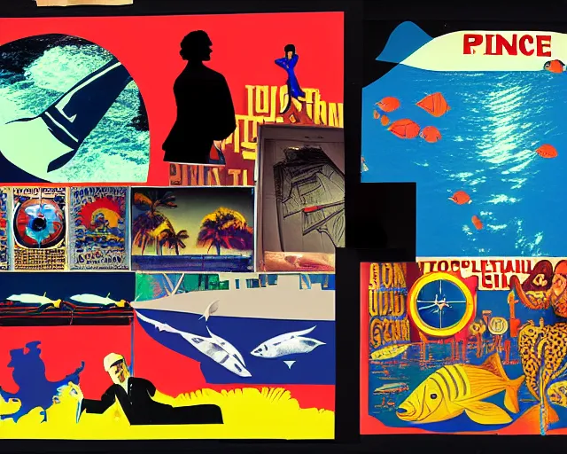 Image similar to footage of a theater stage, 1976 poster, cut out collage, film noir, break of dawn on Neptun, epic theater, tropical fish, nautical maps, NY style grafitti, in style of Monty Python, composition by Prince, written by Ernst Jandl, lens flare