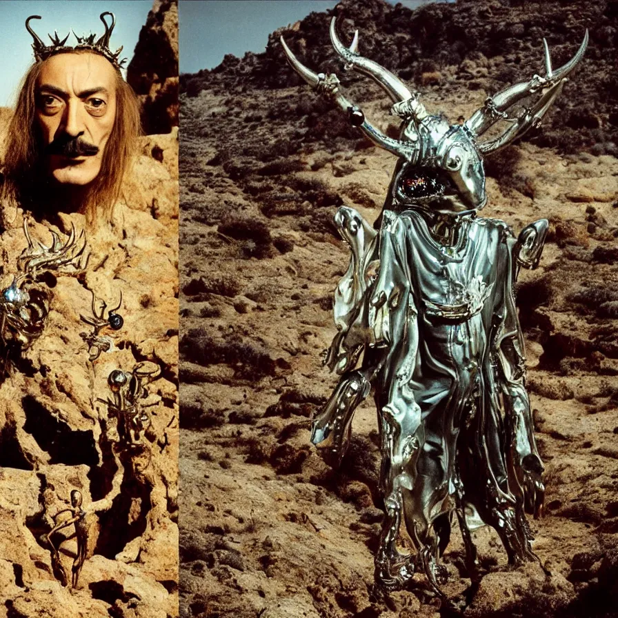 Image similar to portrait of salvador dali wearing a horned crown and costume with jewels in a dry rocky desert landscape, alien spaceship by giger, film still from the movie by alejandro jodorowsky with cinematogrophy of christopher doyle and art direction by hans giger, anamorphic lens, kodakchrome, very detailed photo, 8 k