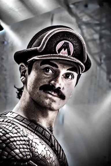 Image similar to “ very intricate photorealistic photo of a a realistic human version of super mario in an episode of game of thrones, photo is in focus with detailed atmospheric lighting, award - winning details ”