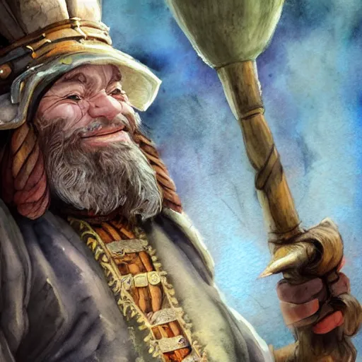 Image similar to dwarf shaman man, in love, happy, wearing blue and brown medieval robe, WLOP, artgerm, Jason Chan, Charlie Bowater, Sergey Kolesov, medieval, fantasy d&d, watercolor on paper, hyper detail portrait, closeup on face, dark pastel castle background