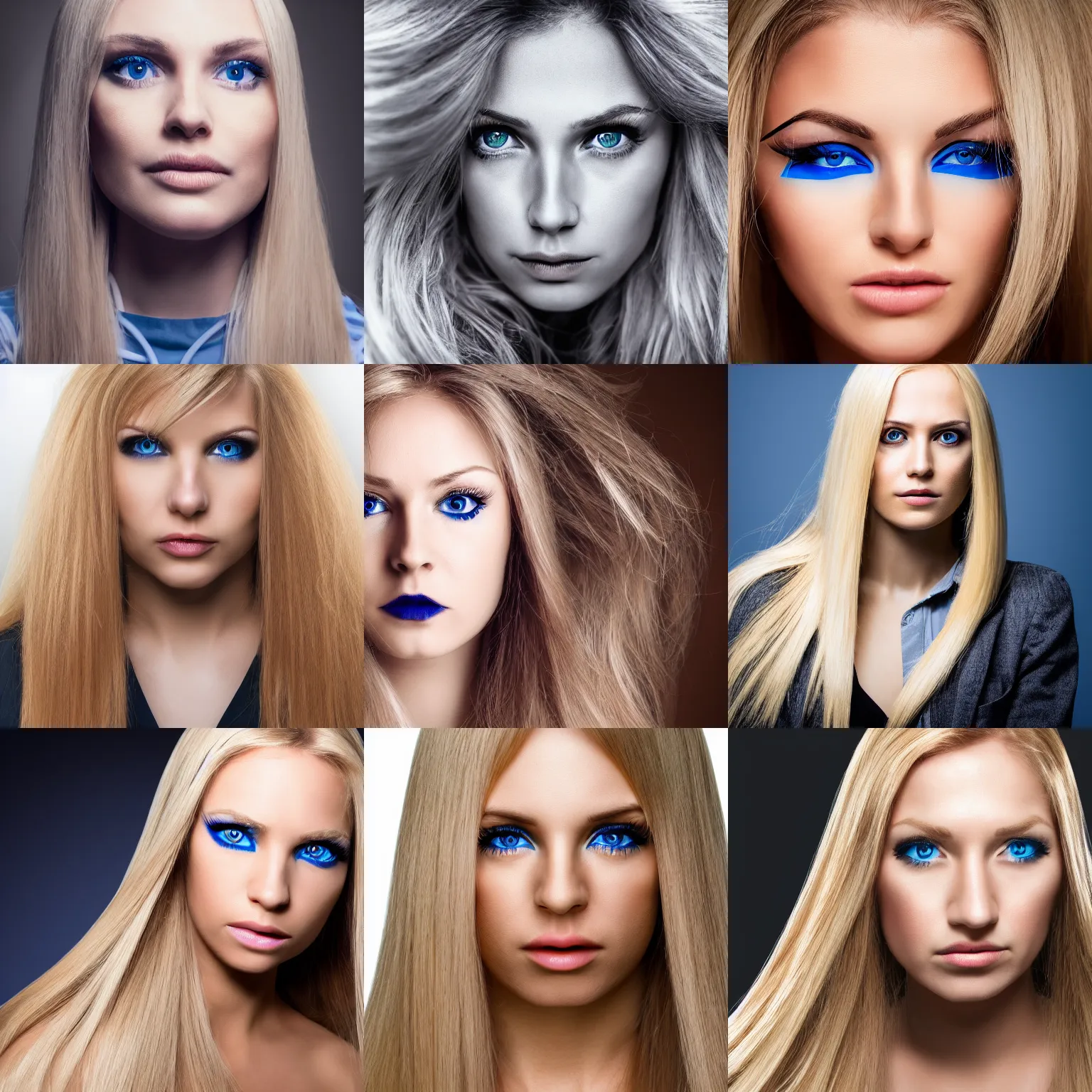 Prompt: portrait of a woman, symmetric, blond long hair, blue eyes, neutral, photo, 4 k, black background, soft frontal light, nordic, narrow eye spacing