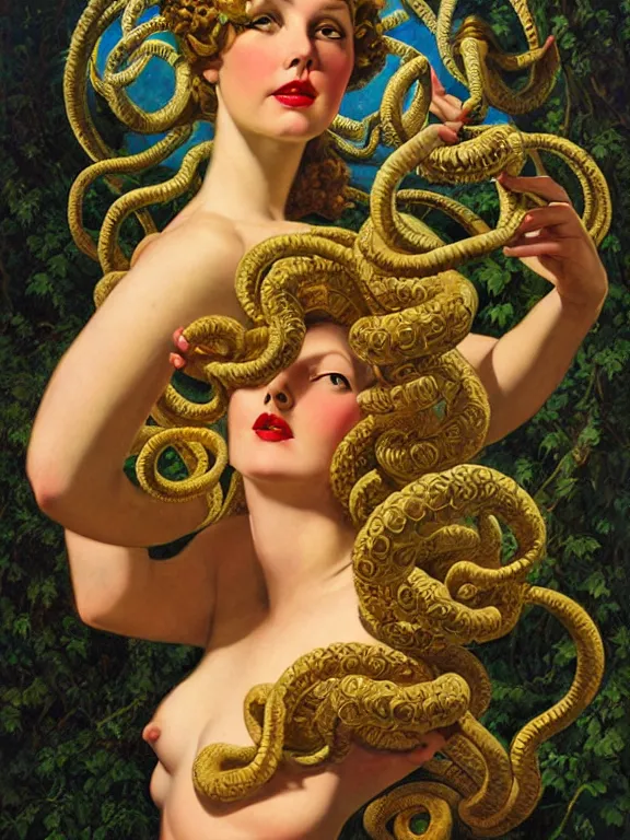 Image similar to Sidney Sweeney as the Medusa Gorgon, a beautiful art nouveau portrait by Gil elvgren, Greek temple environment, centered composition, defined features, golden ratio, gold jewlery, photorealistic professionals lighting, cinematic, sheer