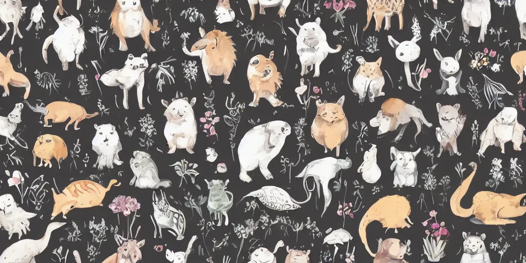 Image similar to cute animals and plants on a black background, wallpaper, Illustration, Anatomical Drawing, Painting