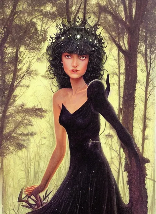 Image similar to portrait sylph princess, black iron crown, diamond shimmering dress, strong line, deep color, forest, beautiful! coherent! by boris vallejo, by brom