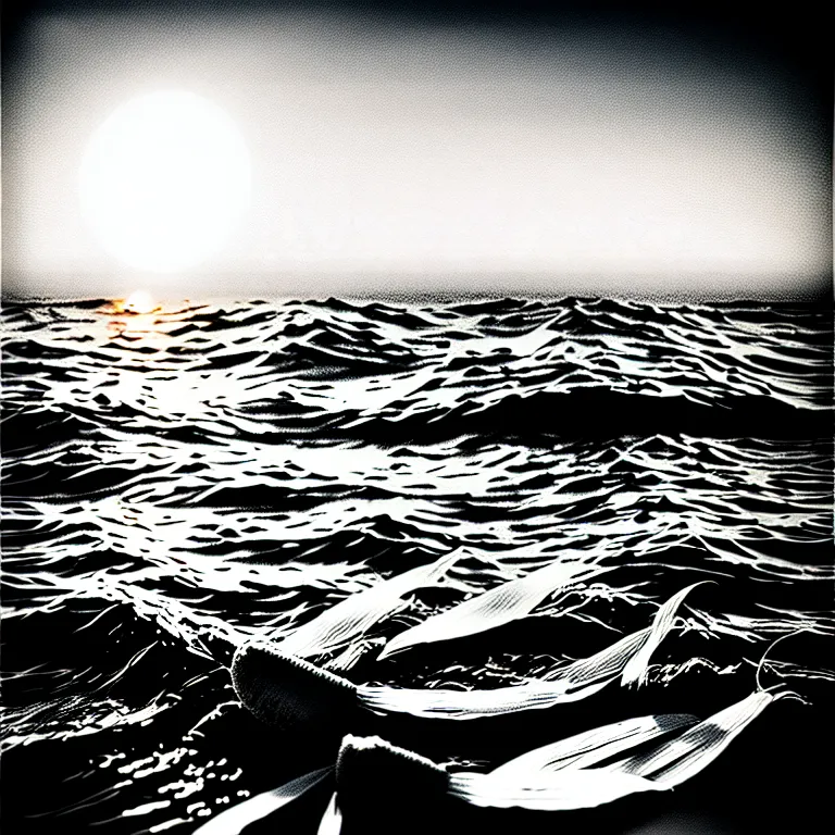 Image similar to corn floating in ocean, waves, sunrise, vintage coutry style, black and white, detailed