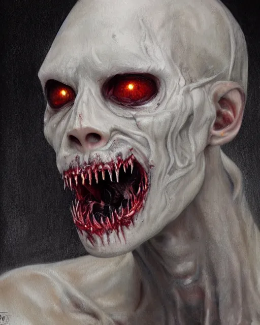 Image similar to Horrifying detailed painting of a pale, emaciated humanoid creature. It has sharp teeth and claws with pale milky eyes; snow, woods, blood; dark cinematic lighting, hyper detailed, moody; painted by Greg Rukowtski, trending on Artstation