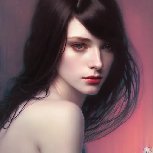 Prompt: portrait of a beautiful pale skin female with long black hair, dark brown eyes, elegant clothing, photorealistic, highly detailed, artstation, smooth, sharp focus, neon lighting, sci - fi, art by klimt, artgerm, greg rutkowski and alphonse mucha