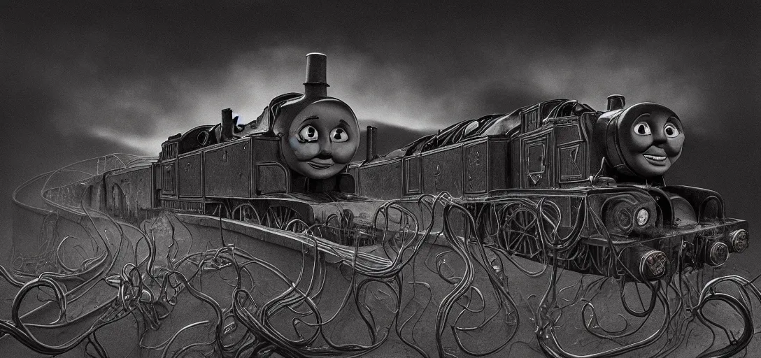 Image similar to thomas the tank engine in style of zdzisław beksinski, extremely dramatic lighting, 8 k, tendrils, black, darkness, black slime tendrils, infected, rust, body horror, thomas the train, thomas the tank engine face, horror,