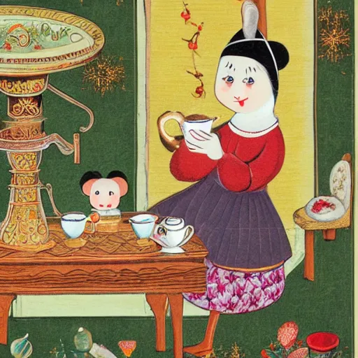 Image similar to russian mouse drinks tea from samovar with her little children, children book illustration, 9 k