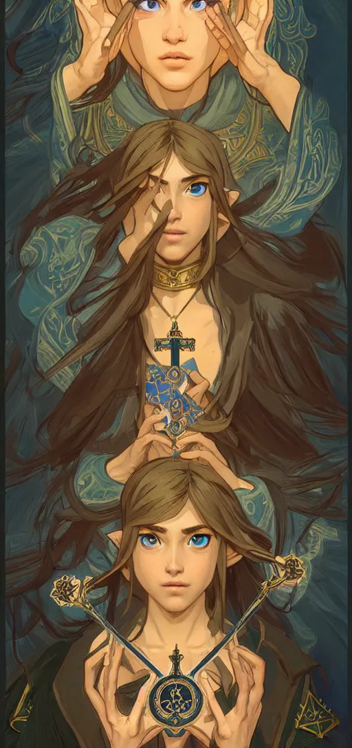 Image similar to perfectly detailed breath of the wild tarot card!! blessed by nature with ever - increasing physical mental perfection, symmetrical! intricate, sensual features, highly detailed, biblical divine holy perfection!! digital painting, artstation, concept art, smooth, sharp focus, illustration, art by artgerm and greg rutkowski and alphonse mucha