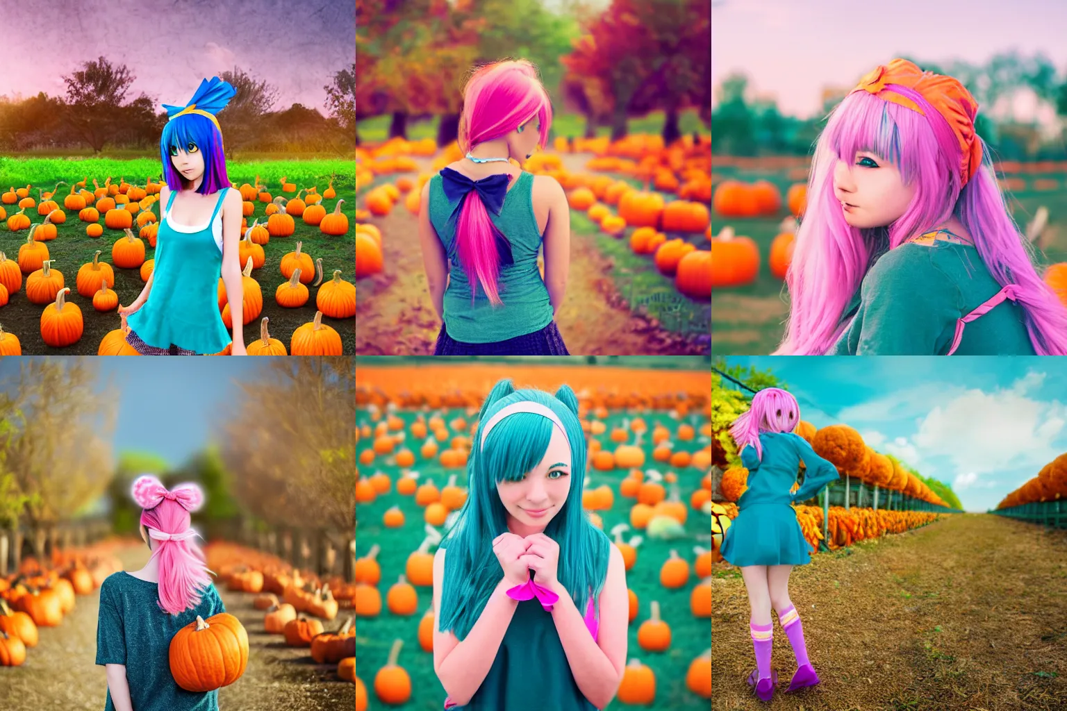 Prompt: anime girl with teal hair, pink headband, sharp focus, pumpkin farm background, background blurred, digital art