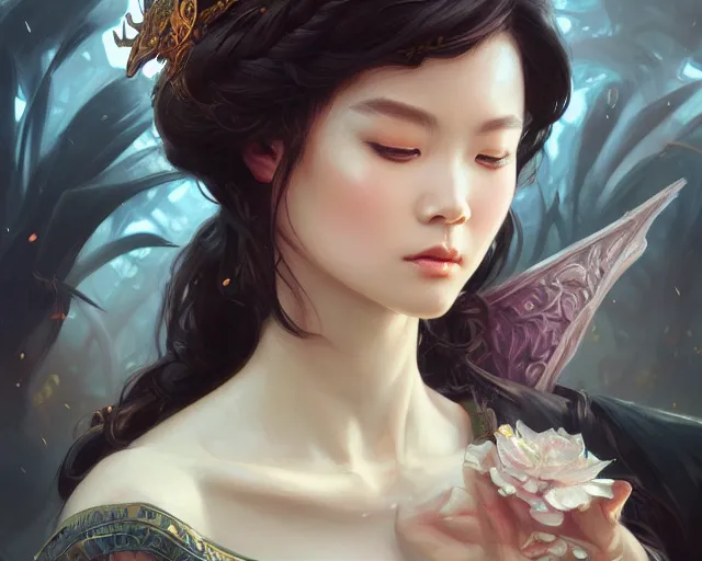 Image similar to photography of susan luo, deep focus, d & d, fantasy, intricate, elegant, highly detailed, digital painting, artstation, concept art, matte, sharp focus, illustration, hearthstone, art by artgerm and greg rutkowski and alphonse mucha