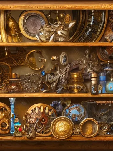 Prompt: a really messy shelf, full of different trinkets. intricate, elegant, highly detailed, digital painting, artstation, concept art, sharp focus, illustration, by justin gerard and artgerm, 8 k