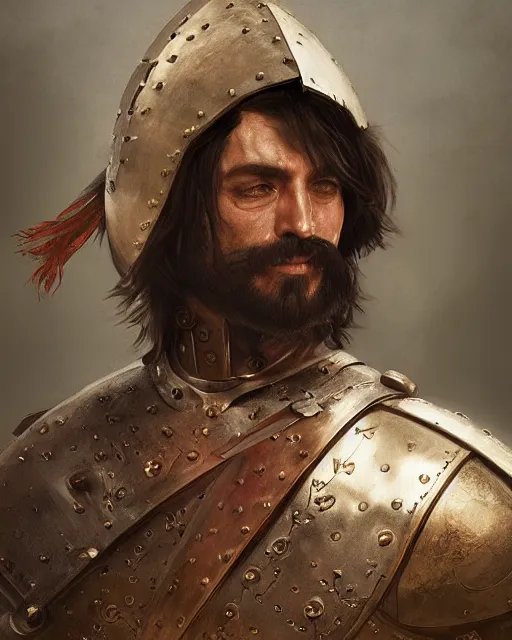 Image similar to portrait of a spanish conquistador in battle, by daniel zrom and quentin de warren, detailed, intricate, handsome, anatomy, sharp focus, 8 k, octane, cinematic lighting, facial features, clear face, realistic face, golden ratio