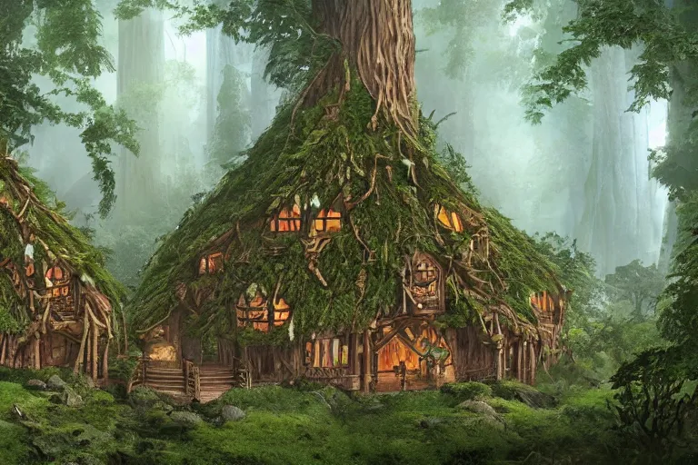 Image similar to a wood elf village suspended high in the redwood tree canopy, fantasy setting, dense vegetation, very detailed, d & d concept art, 4 k