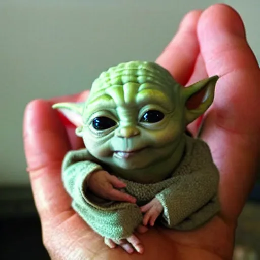 Image similar to a tiny pigmy baby yoda-Shrek hybrid in the palm of a person's hand, super cute