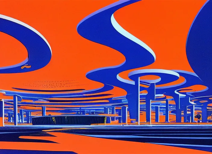 Image similar to ground view of a utopia future city. style by syd mead and eyvind earle.