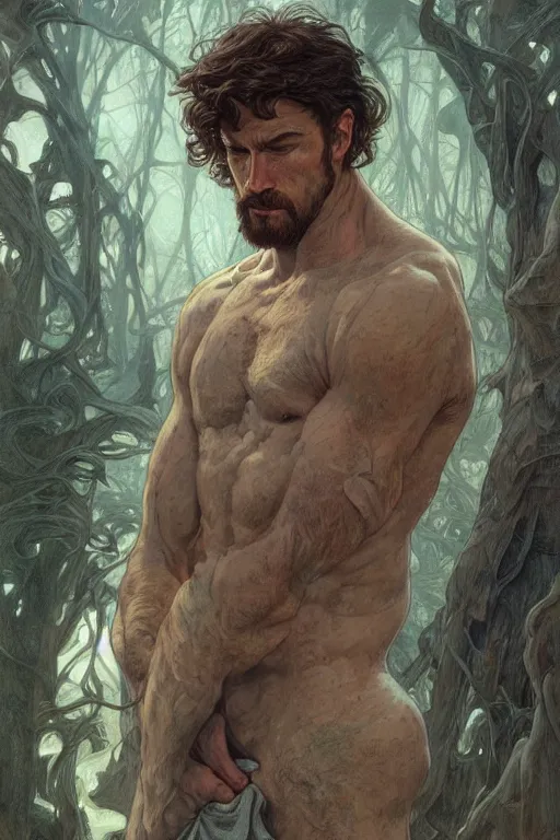 Image similar to portrait of a depressed herculian man, forest, full body, muscular, fantasy, intricate, elegant, highly detailed, digital painting, artstation, concept art, sharp focus, illustration, art by artgerm and greg rutkowski and alphonse mucha