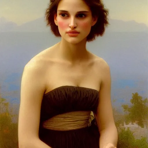 Image similar to Painting of young Natalie Portman. Art by william adolphe bouguereau. During golden hour. Extremely detailed. Beautiful. 4K. Award winning.