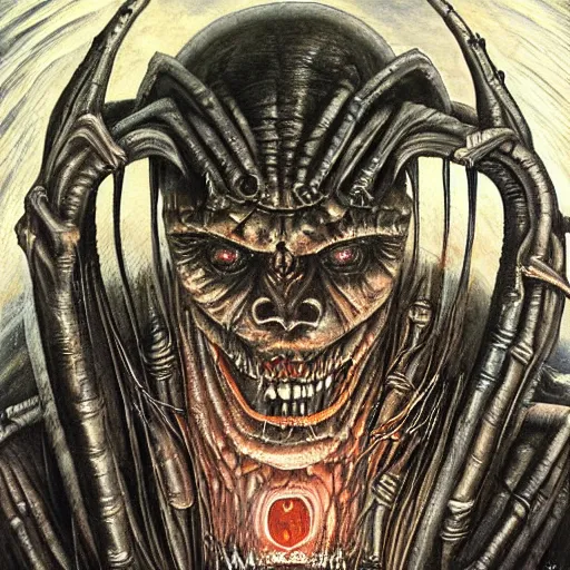 Prompt: closeup camera shot demonic figure wrapped in spiraling hellfire, metal album cover, demon staring into the camera, detailed oil painting by H. R. Giger.