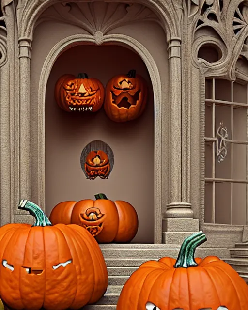 Image similar to detailed render giant pumpkin house art nouveau rococo architecture carved out of teeth, pumpkin smiling showing teeth rendered in cinema 4 d octane