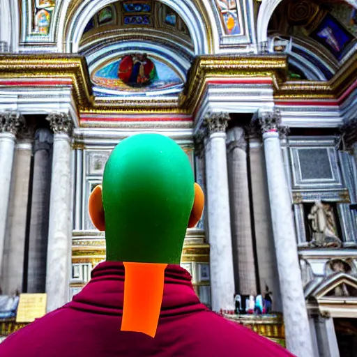 Image similar to artistic photograph of a man showing middle finger with color condom on it from behind by ai weiwei, st peter's basilica slighly out of focus in background