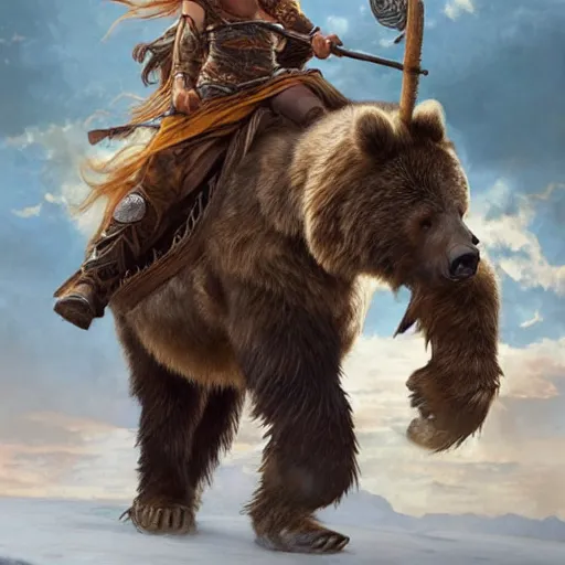 Prompt: viking barbarian emma watson riding a grizzly bear like a horse wielding a giant axe, fantasy art, hyper detailed, extremely complex, hyper realistic art by artgerm and greg rutkowski and alphonse mucha